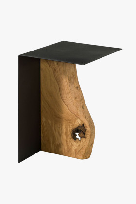 Kovovývázas oldalsó asztal tömör tölgyfa lappal, fekete, 30x33 cm